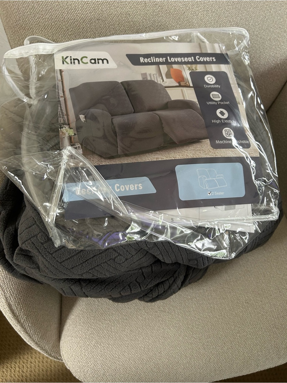 NEW Recliner Loveseat Cover in Dark Gray - Picture 2 of 6